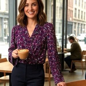 HALOGEN Floral Pintuck Pleated Wrap Blouse In Rich Black, Burgundy & Pink Sz S